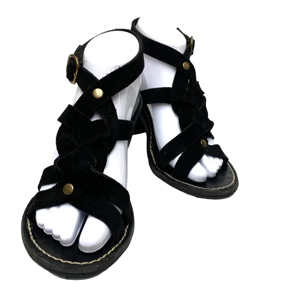 FIORENTINI + BAKER Black Suede Ankle Wrap Chunky Heel Sandals‎